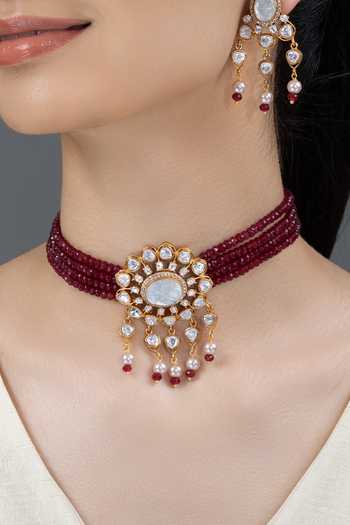 Buy_Joules by Radhika_Maroon Nayra Kundan Embellished Pendant Choker Set _at_Aza_Fashions
