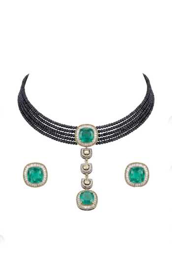 Shop_Joules by Radhika_Green Vivya Bead Embellished Pendant Choker Set _at_Aza_Fashions