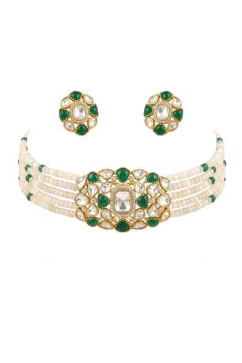 Shop_Joules by Radhika_Ivory Vaina Bead Embellished Choker Necklace Set _at_Aza_Fashions
