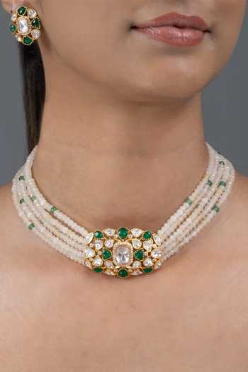 Buy_Joules by Radhika_Ivory Vaina Bead Embellished Choker Necklace Set _at_Aza_Fashions