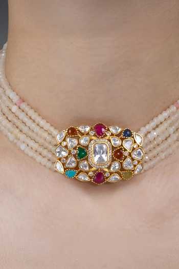Joules by Radhika_Ivory Reavi Pearl Embellished Necklace Set _Online_at_Aza_Fashions