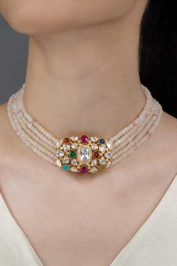 Buy_Joules by Radhika_Ivory Reavi Pearl Embellished Necklace Set _at_Aza_Fashions