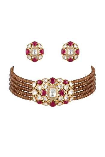 Shop_Joules by Radhika_Brown Kamayras Stone Studded Choker Set _at_Aza_Fashions