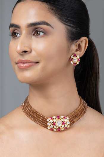 Buy_Joules by Radhika_Brown Kamayras Stone Studded Choker Set _at_Aza_Fashions