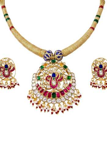 Shop_Joules by Radhika_Gold Plated Aavishas Stone Embellished Pendant Necklace Set _at_Aza_Fashions