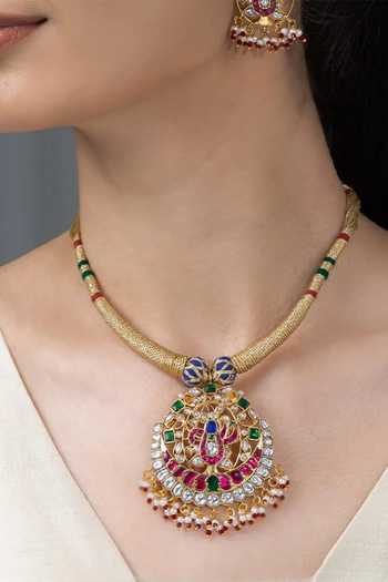 Buy_Joules by Radhika_Gold Plated Aavishas Stone Embellished Pendant Necklace Set _at_Aza_Fashions