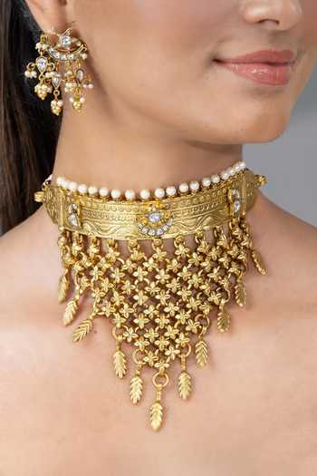 Buy_Joules by Radhika_Gold Plated Vamishas Pearl Embellished Necklace Set _at_Aza_Fashions