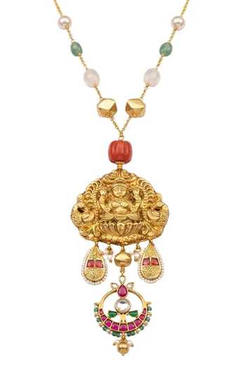 Shop_Joules By Radhika_Gold Plated Raveliya Temple Motif Pendant Necklace _at_Aza_Fashions