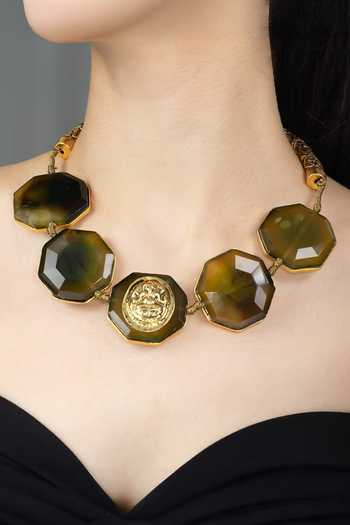 Buy_Joules by Radhika_Green Veyrani Octagonal Stone Shaped Necklace _at_Aza_Fashions
