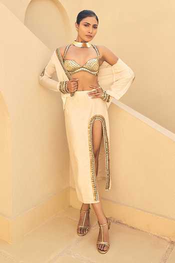 Buy_ASHNA VASWANI_Gold Organza, Satin, Taffeta, Silk, Jacquard Embellished High Slit Skirt Set _at_Aza_Fashions