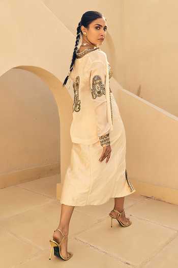 Shop_ASHNA VASWANI_Gold Organza, Satin, Taffeta, Silk, Jacquard Embellished High Slit Skirt Set _at_Aza_Fashions