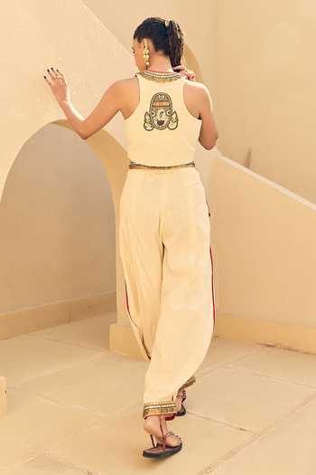 Shop_ASHNA VASWANI_Ivory Satin, Handloom Cotton V-neck Embellished Waistcoat And Pant Set _at_Aza_Fashions