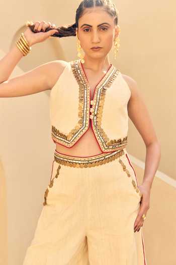 ASHNA VASWANI_Ivory Satin, Handloom Cotton V-neck Embellished Waistcoat And Pant Set _Online_at_Aza_Fashions