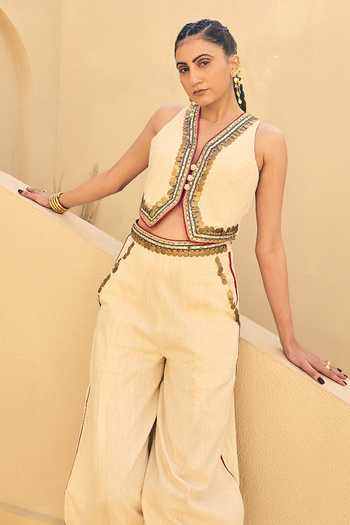 Buy_ASHNA VASWANI_Ivory Satin, Handloom Cotton V-neck Embellished Waistcoat And Pant Set _Online_at_Aza_Fashions