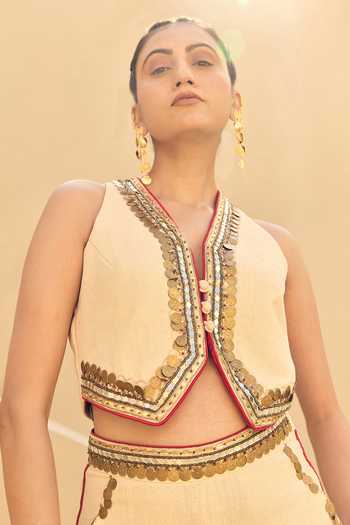 Shop_ASHNA VASWANI_Ivory Satin, Handloom Cotton V-neck Embellished Waistcoat And Pant Set _Online_at_Aza_Fashions