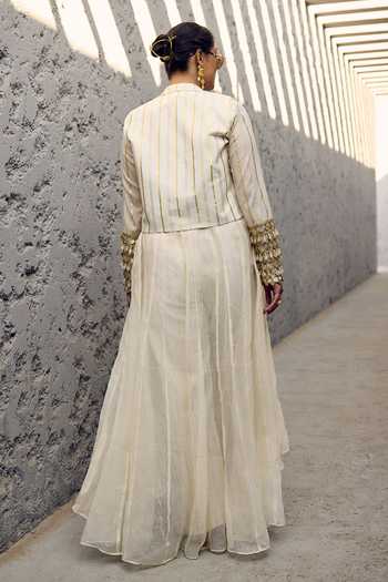 Shop_ASHNA VASWANI_Ivory Kota Doria, Cotton V-neck Coin And Shell Lace Jacket Set _at_Aza_Fashions