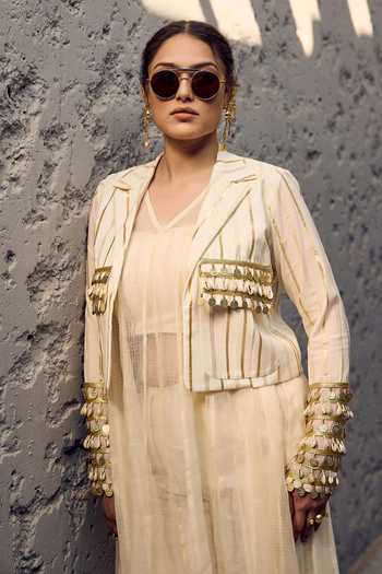Shop_ASHNA VASWANI_Ivory Kota Doria, Cotton V-neck Coin And Shell Lace Jacket Set 