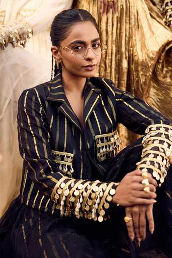 ASHNA VASWANI_Black Kota Doria, Cotton Collared Neck Coin Shell Detailing Jacket And Pant Set _Online_at_Aza_Fashions