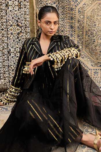 Buy_ASHNA VASWANI_Black Kota Doria, Cotton Collared Neck Coin Shell Detailing Jacket And Pant Set _Online_at_Aza_Fashions