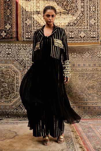 Buy_ASHNA VASWANI_Black Kota Doria, Cotton Collared Neck Coin Shell Detailing Jacket And Pant Set _at_Aza_Fashions