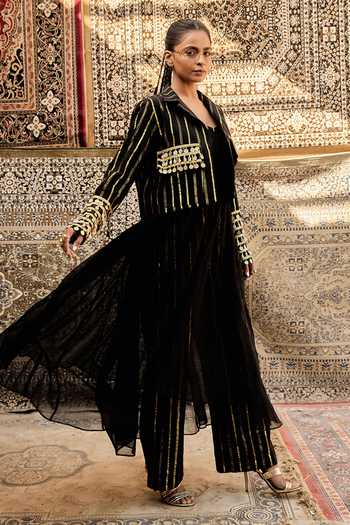 Shop_ASHNA VASWANI_Black Kota Doria, Cotton Collared Neck Coin Shell Detailing Jacket And Pant Set _at_Aza_Fashions