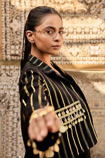 Shop_ASHNA VASWANI_Black Kota Doria, Cotton Collared Neck Coin Shell Detailing Jacket And Pant Set _Online_at_Aza_Fashions
