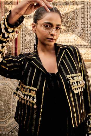 ASHNA VASWANI_Black Kota Doria, Cotton Collared Neck Coin Shell Detailing Jacket And Pant Set _at_Aza_Fashions