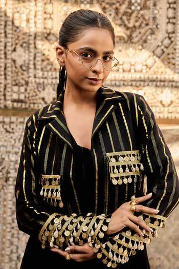 Buy_ASHNA VASWANI_Black Kota Doria, Cotton Collared Neck Coin Shell Detailing Jacket And Pant Set 