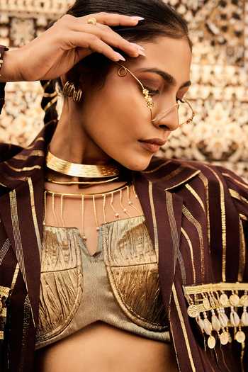 ASHNA VASWANI_Gold Cotton, Silk, Jacquard Open Neck Crushed Skirt Set _Online_at_Aza_Fashions