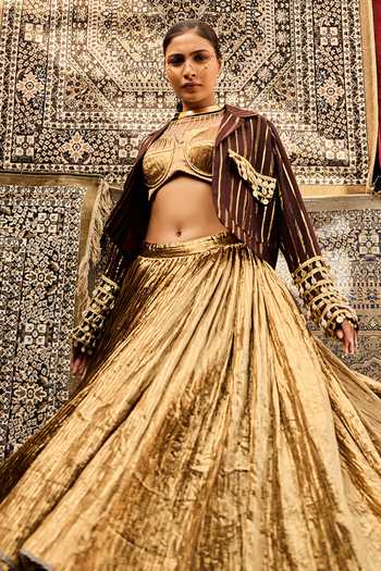 Shop_ASHNA VASWANI_Gold Cotton, Silk, Jacquard Open Neck Crushed Skirt Set _Online_at_Aza_Fashions
