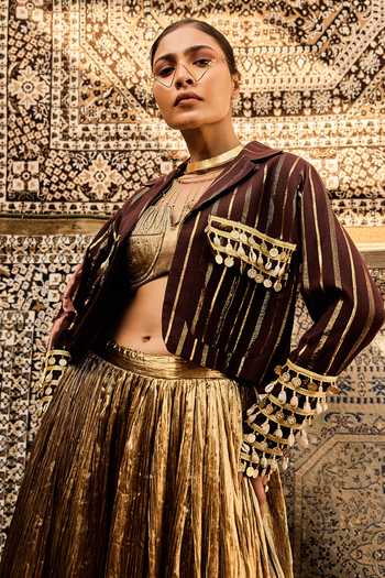 ASHNA VASWANI_Gold Cotton, Silk, Jacquard Open Neck Crushed Skirt Set _at_Aza_Fashions