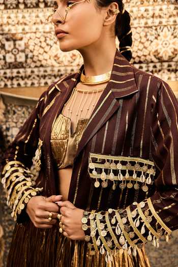 Buy_ASHNA VASWANI_Gold Cotton, Silk, Jacquard Open Neck Crushed Skirt Set 
