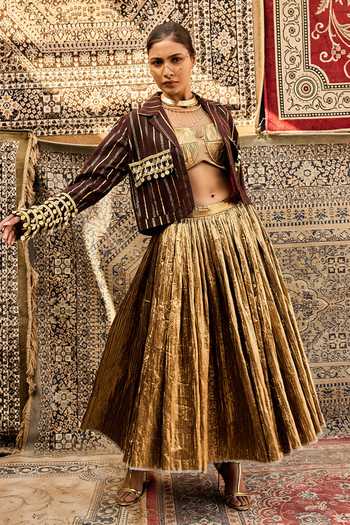 Shop_ASHNA VASWANI_Gold Cotton, Silk, Jacquard Open Neck Crushed Skirt Set _at_Aza_Fashions