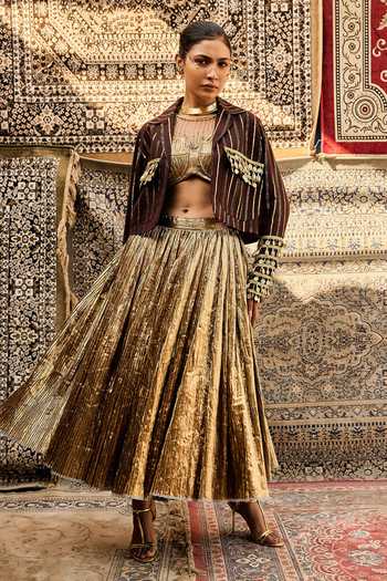 Buy_ASHNA VASWANI_Gold Cotton, Silk, Jacquard Open Neck Crushed Skirt Set _at_Aza_Fashions
