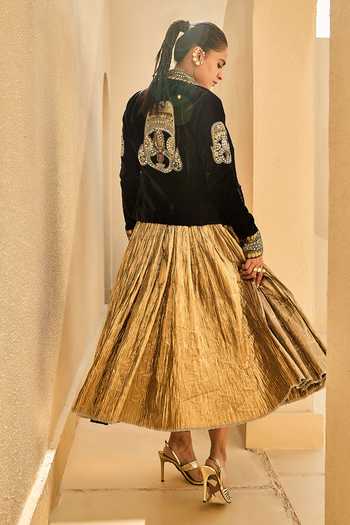 Shop_ASHNA VASWANI_Black Velvet, Silk, Jacquard Open , Sweetheart Lehenga Set _at_Aza_Fashions