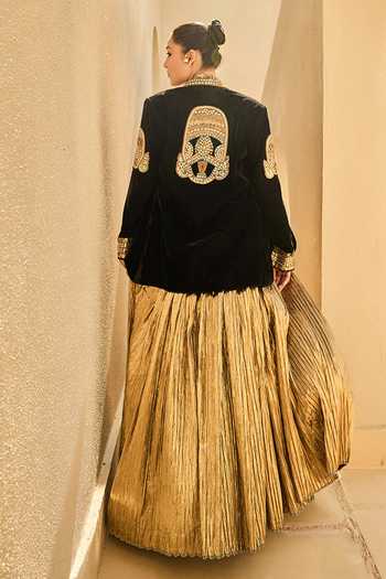 Shop_ASHNA VASWANI_Black Silk, Cotton, Satin, Velvet, Jacquard Open Neck, Crush Lehenga Set _at_Aza_Fashions