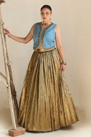 Buy_ASHNA VASWANI_Blue Denim, Silk, Jacquard V-neck Embellished Waistcoat And Lehenga Set _at_Aza_Fashions