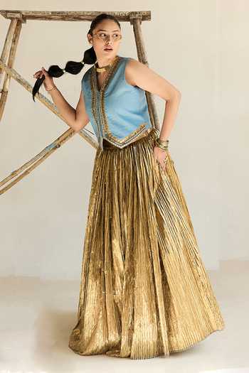 ASHNA VASWANI_Blue Denim, Silk, Jacquard V-neck Embellished Waistcoat And Lehenga Set _Online_at_Aza_Fashions
