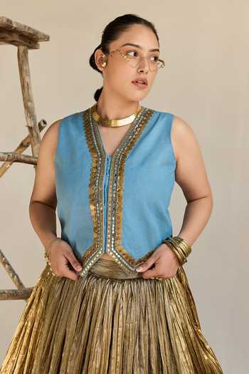 Buy_ASHNA VASWANI_Blue Denim, Silk, Jacquard V-neck Embellished Waistcoat And Lehenga Set _Online_at_Aza_Fashions