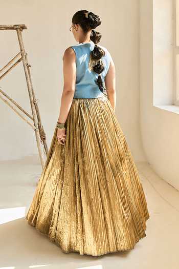 Shop_ASHNA VASWANI_Blue Silk, Satin, Jacquard, Denim V-neck Embellished Blazer And Lehenga Set _at_Aza_Fashions
