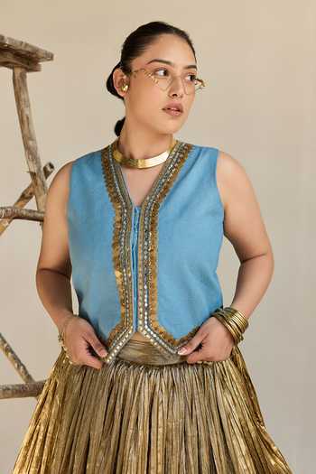 ASHNA VASWANI_Blue Silk, Satin, Jacquard, Denim V-neck Embellished Blazer And Lehenga Set _at_Aza_Fashions
