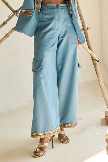 ASHNA VASWANI_Blue Denim, Silk, Jacquard Sweetheart Neck Blazer Set With Gold Bustier _Online_at_Aza_Fashions
