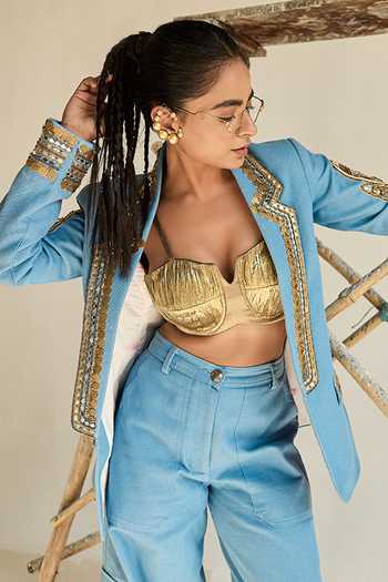 Shop_ASHNA VASWANI_Blue Denim, Silk, Jacquard Sweetheart Neck Blazer Set With Gold Bustier _Online_at_Aza_Fashions
