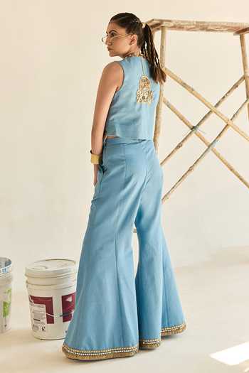 Shop_ASHNA VASWANI_Blue Denim V-neck Coin Mirror Embellished Waistcoat And Pant Set _at_Aza_Fashions
