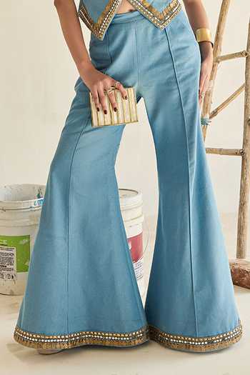 Buy_ASHNA VASWANI_Blue Denim V-neck Coin Mirror Embellished Waistcoat And Pant Set _Online_at_Aza_Fashions