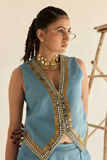 Shop_ASHNA VASWANI_Blue Denim V-neck Coin Mirror Embellished Waistcoat And Pant Set _Online_at_Aza_Fashions