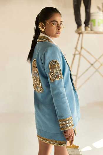 Buy_ASHNA VASWANI_Blue Satin, Denim, Kota Doria Collared Neck Coin Dabka Embellished Skirt Set _Online_at_Aza_Fashions