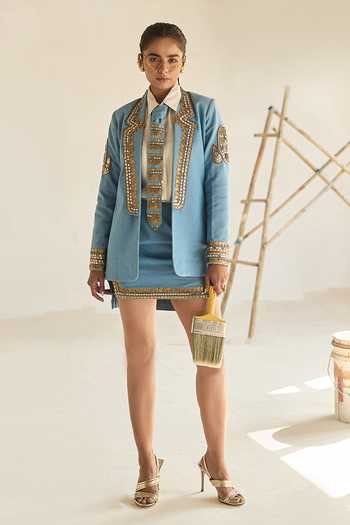 Buy_ASHNA VASWANI_Blue Satin, Denim, Kota Doria Collared Neck Coin Dabka Embellished Skirt Set _at_Aza_Fashions