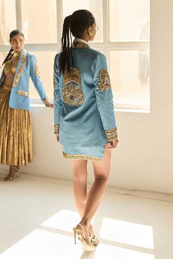 Shop_ASHNA VASWANI_Blue Satin, Denim, Kota Doria Collared Neck Coin Dabka Embellished Skirt Set _at_Aza_Fashions