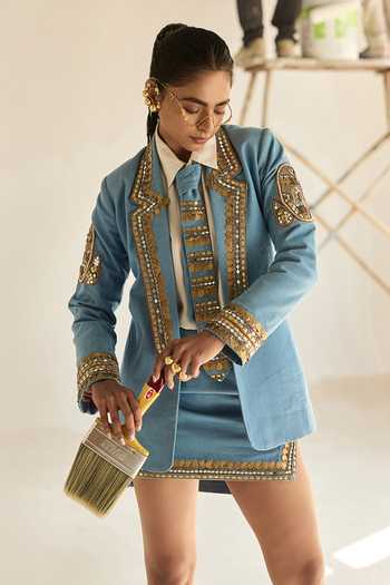 Buy_ASHNA VASWANI_Blue Satin, Denim, Kota Doria Collared Neck Coin Dabka Embellished Skirt Set 